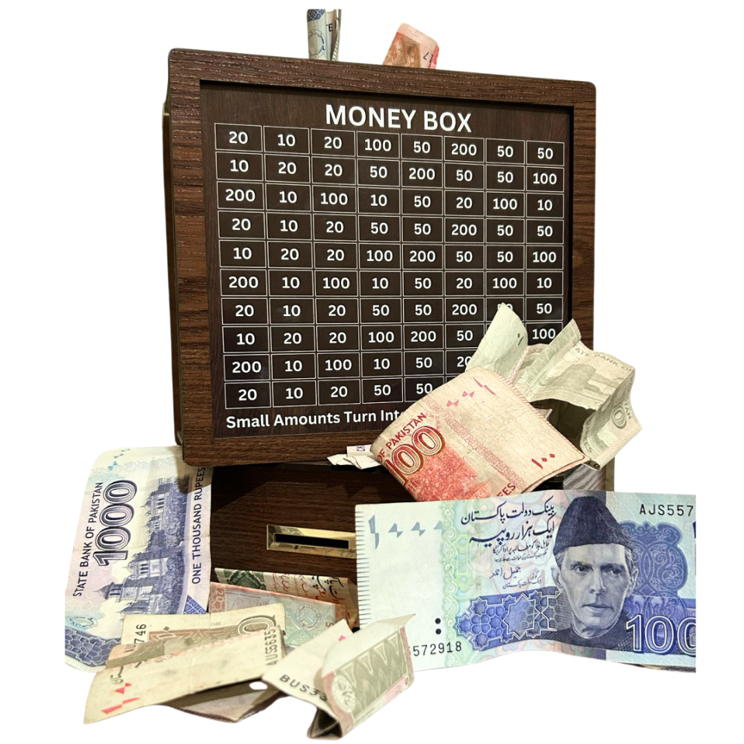 Premium Wooden Money Saving Box for Smart Saving with different amounts.